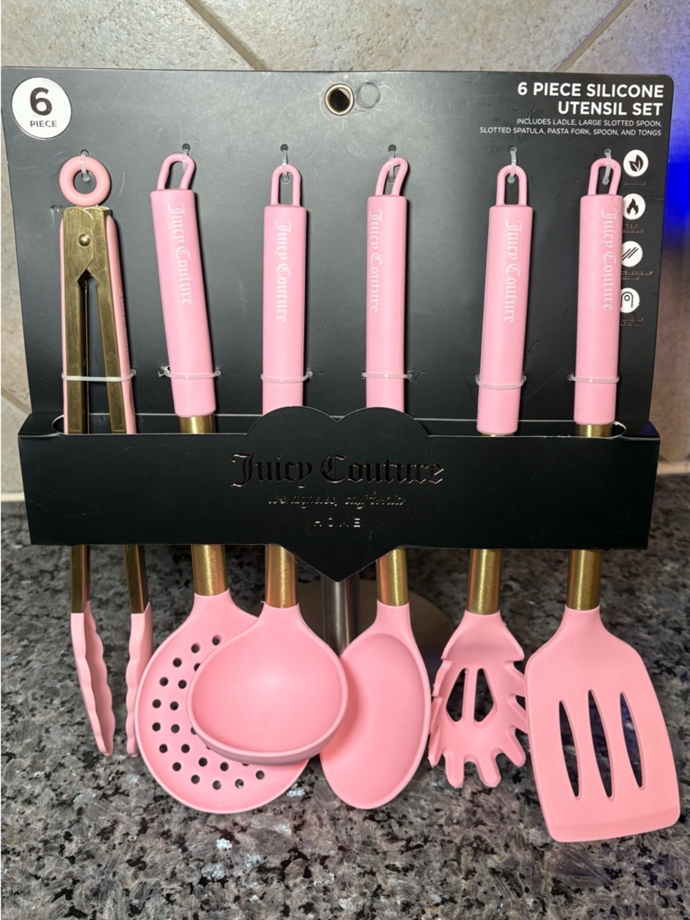 Juicy Couture Pink Silicone 6-Piece Kitchen Utensil Set with Gold Accents